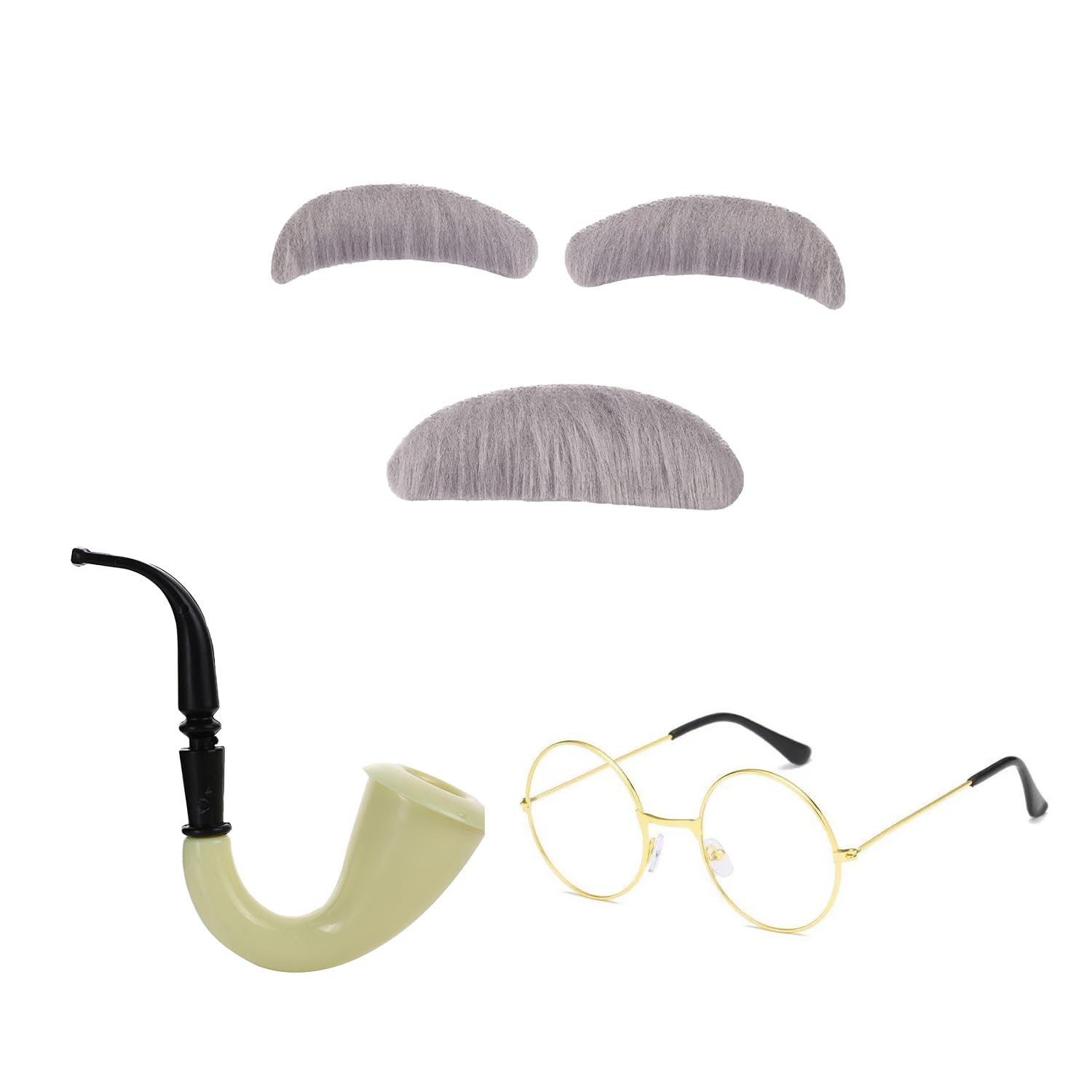 Nereds 4pcs Old Man Costume Accessories Gray Mustache Eyebrows Gold Glasses Pipe for Halloween World Book Day Party Retro Stage Cosplay