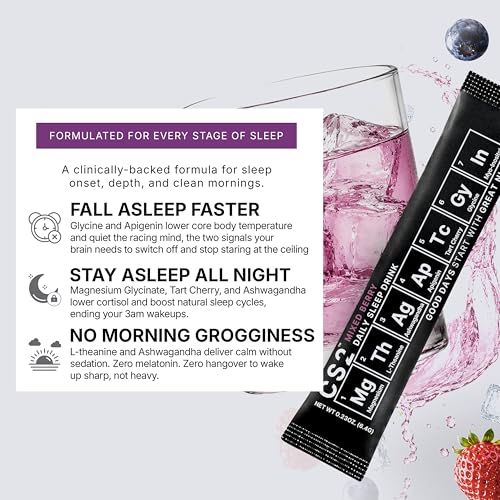 CS2 Sleep Support Drink Mix - Melatonin Free Sleep Support Drink with Magnesium Glycinate, L-Theanine, Ashwagandha, Apigenin, Tart Cherry - Non-Habit Forming, Sugar-Free - Mixed Berry, 30 Servings