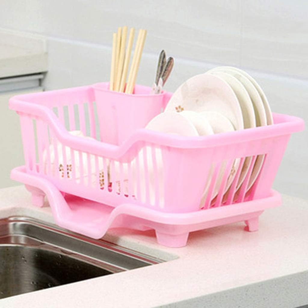 LDG Dish Drainer Dishes Drying Dish Draining Rack With Removable Drip Tray Cup Storage Drainer Rack Holder Plate Kitchen Organiser Holder Multifunctional (Color : Pink)