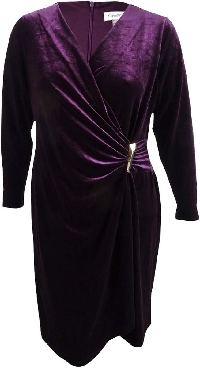 Calvin Klein Women's Plus Size Velvet Long Sleeve Faux Wrap Dress at
