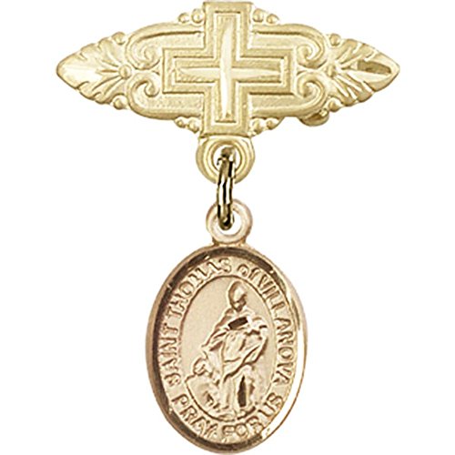 14kt Yellow Gold Baby Badge with St. Thomas of Villanova Charm and Badge Pin with Cross 1 X 3/4 inches