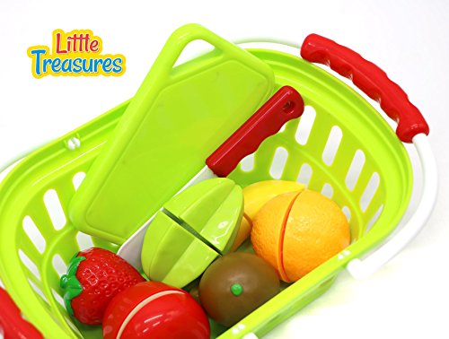 Little Treasures Play Cut Toy Food Fruit Take-Apart Toys Pretend Play Cut Slice & Chop Toy Foods With Cutting-Board, Fake Knife And Kids Toddles Shopping Basket (9 Piece Set) - Thumbnail 2