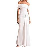GLNEGE Off The Shoulder Formal Wedding Guest Maxi Dress for Women Fall Elegant Ruched Bodycon Cocktail Party Long Dresses
