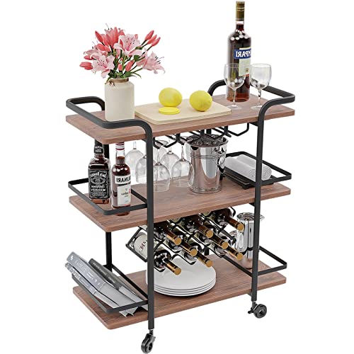 Jubao 3Tier Black Bar Cart, Rolling Serving Cart with Wheels, Modern