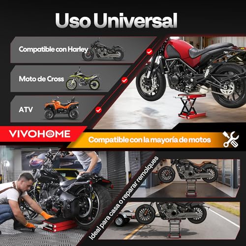 VIVOHOME Motorcycle Lift Platform Motorcycle Wide Steel Height Adjustable Central Support 500kg Capacity for Car Workshop Garage Vehicles Red