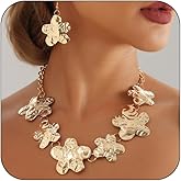 OAOSIOH Chunky Gold Hammered Heart Star Choker Necklace Dangling Earrings for Women, Vintage Stars Love Pleated Earring Thick Necklaces Party Jewelry Gifts