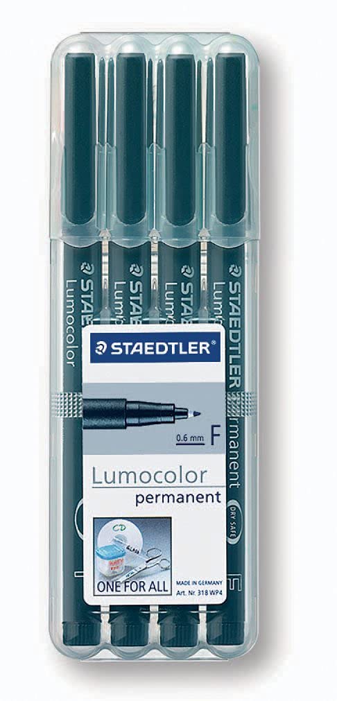 Staedtler Lumocolor 318-9WP4HZ Permanent Overhead Marker Fine Pack of 4 in Box with Stand Function Black