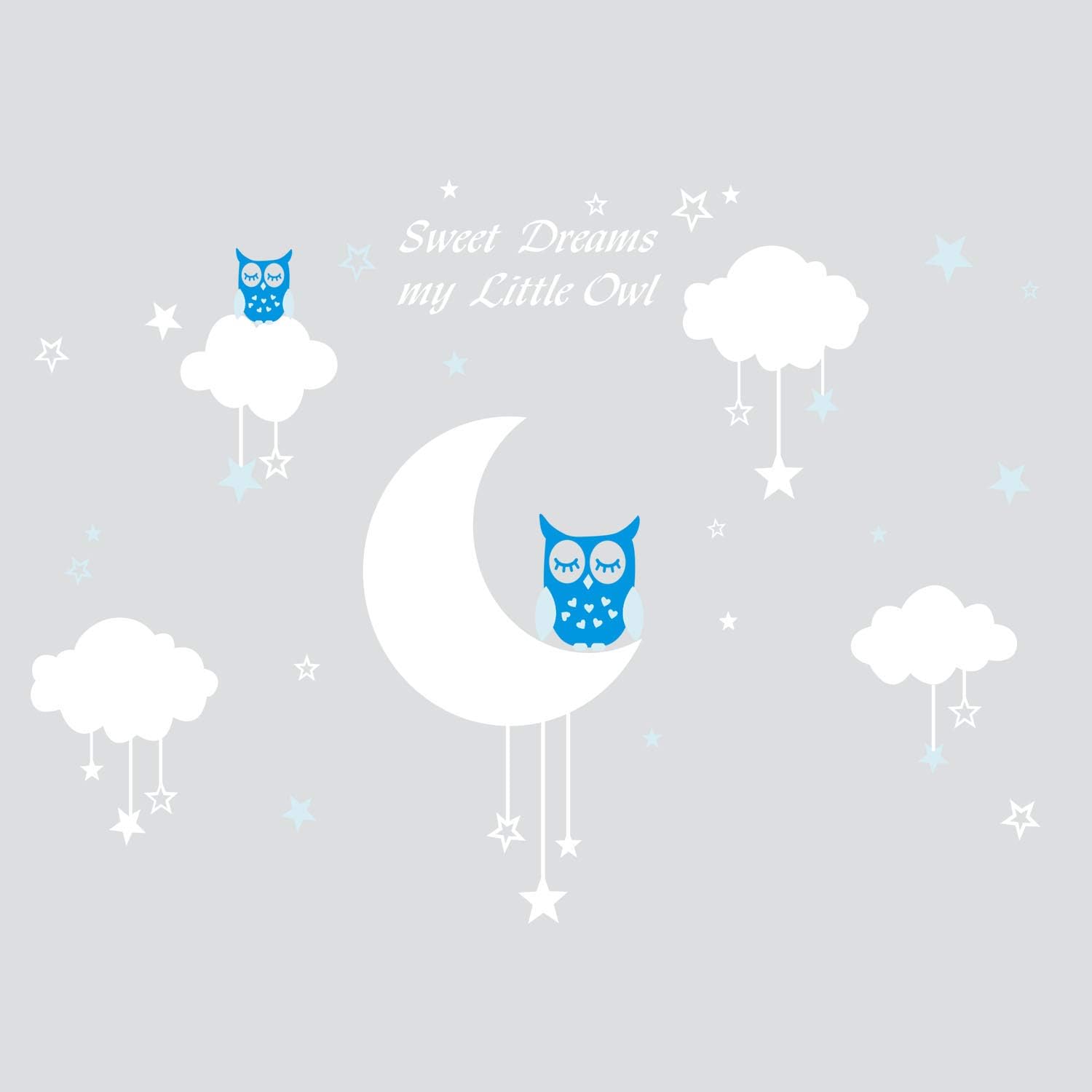 AIYANG White Moon Stars Clouds Wall Stickers Sweety Dreams My Litter Owl Wall Decor Nursery Wall Decal Childrens Wall Stickers Boys Grils Babyroom Decoration (Blue)