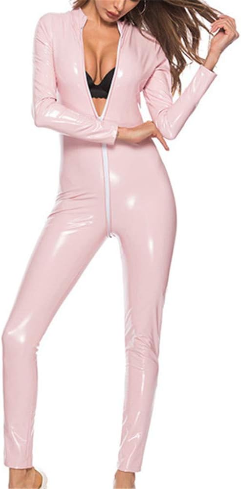 SALEBLOUSE Womens Metallic Wet Look Leather Zipper Crotch Teddy Bodysuit Jumpsuit Catsuit Motor Lingerie Bodycon Metallic Shiny Catwoman Cosplay Latex Playsuit Tight Fancy Costume