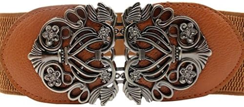 LVGE Metal Vintage Carving Flower Buckle Stretch Elastic Waist Belt Silver Camel
