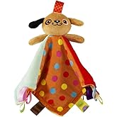 Inchant Baby Taggie Blanket with Stuffed Animal - Brown Dog Security Blanket with Ribbon Tags, Lovey for Kids Toddlers