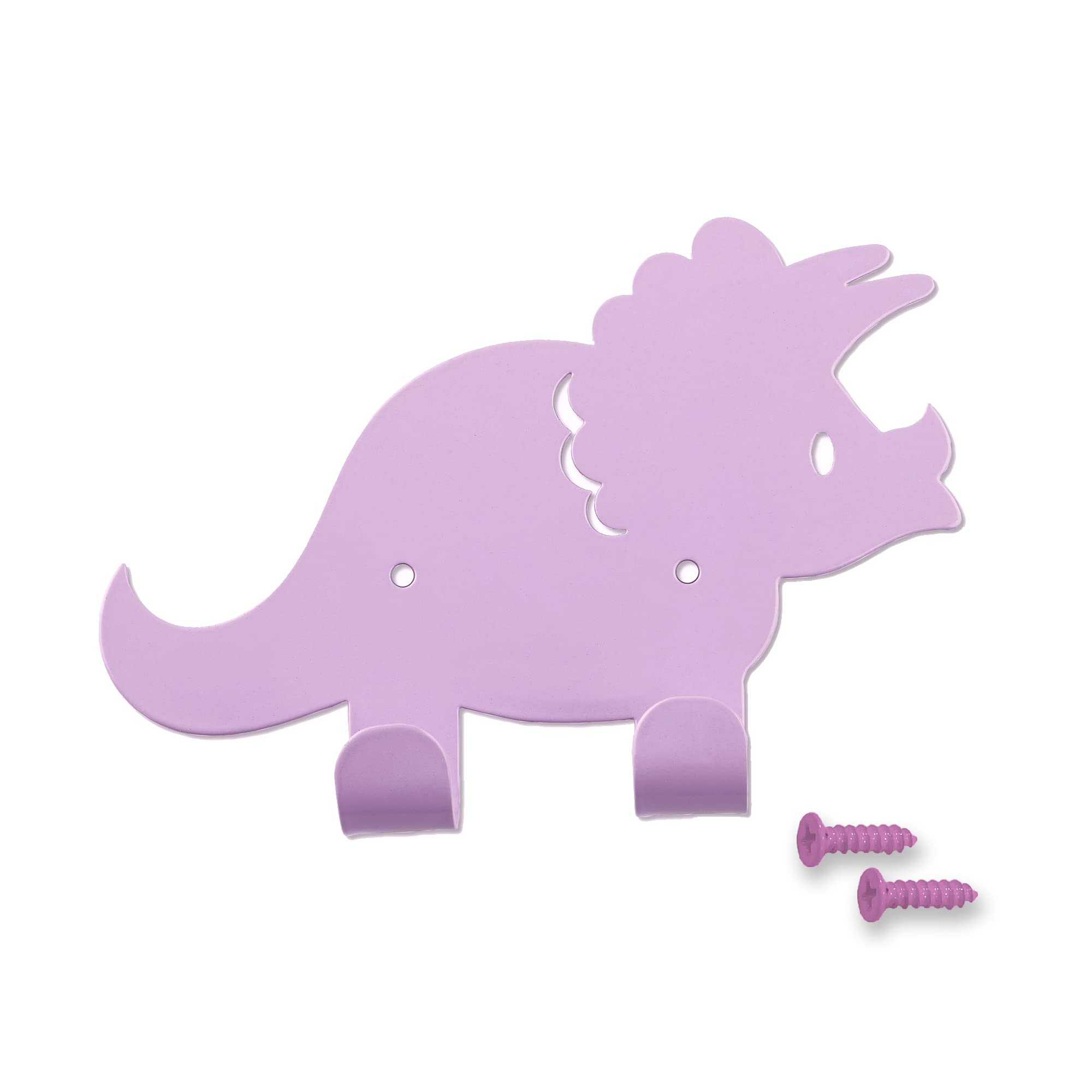 keypak Kids Dinosaur Double Coat Hooks, Door Wall Mounted Metal Decorative Hooks for Boys & Girls, Toddlers Bedroom or Baby Nursery - Colour Matching Fixings Included (Purple)