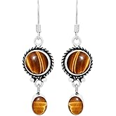 Natural Tiger Eye Earrings 925 Silver Overlay handmade Dangle Earrings for Women Mom Wife