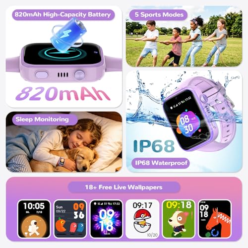 SWGOTA Children's Smartwatch, 4G Smart Watch Phone & GPS, Voice Chat/WhatsApp/SOS/SMS/WiFi/IP68 Waterproof/School Mode/5 Sports/Pedometer, Smart Watch Boys/Girls Purple, Gift