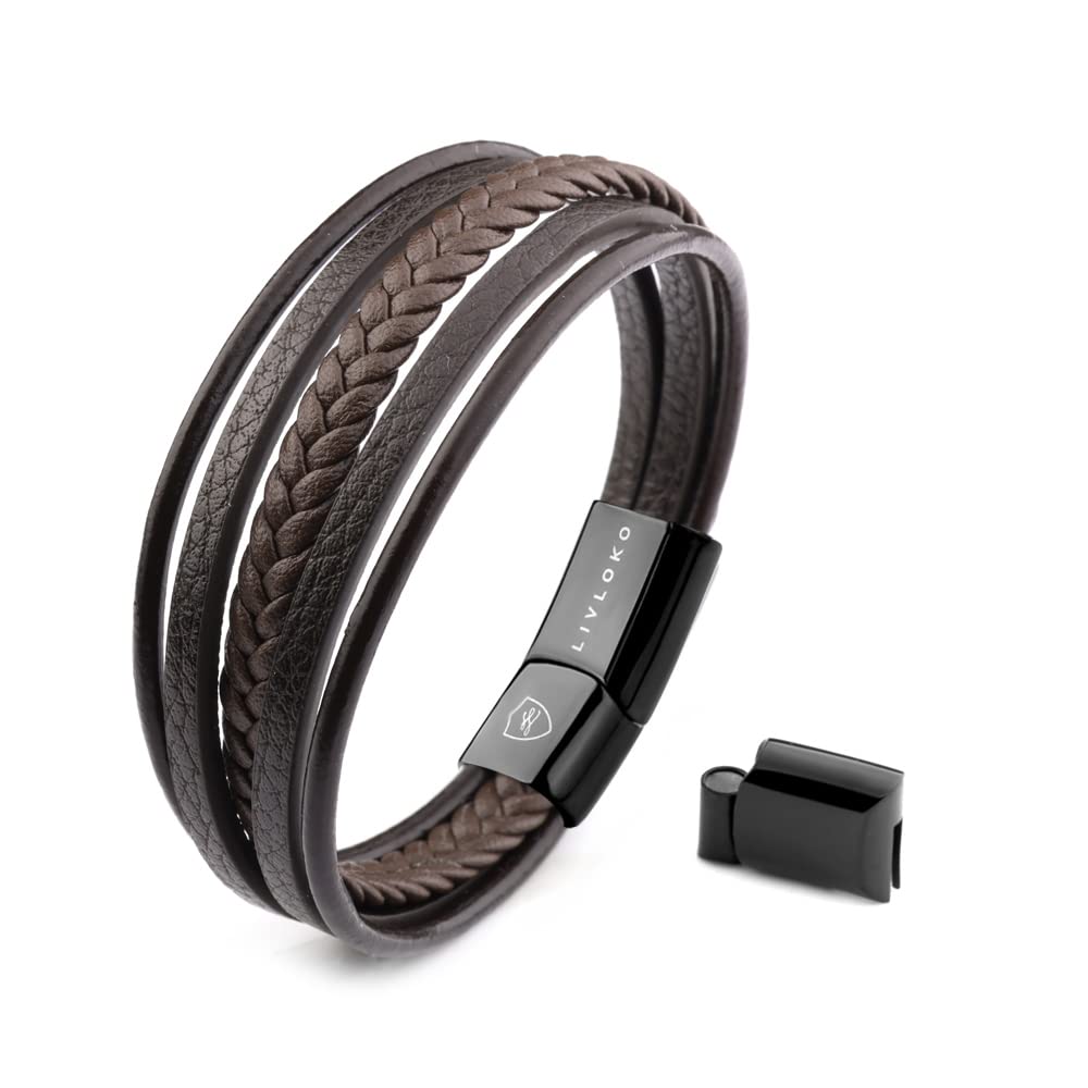 LIVLOKO Mens Bracelet Leather Black Multi-Layer Bracelet for Men Magnetic Clasp Rope Wristband Mens Gift for Boyfriend (Medium to Large 20-22cm, D. 19-22cm Brown Leather Adjustable)