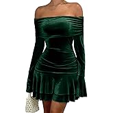 LAGSHIAN Women's Sexy Velvet Off Shoulder Long Sleeve Ruffle Hem Bodycon Ruched Cocktail Party Mini Dress