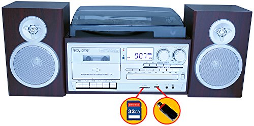 Boytone-BT-28SPS-Bluetooth-Classic-Style-Record-Player-Turntable-with-AMFM-Radio-Cassette-Player-CD-Player-2-Separate-Stereo-Speakers-Record-Vinyl-Radio-Cassette-to-MP3-SD-Slot-USB-AUX