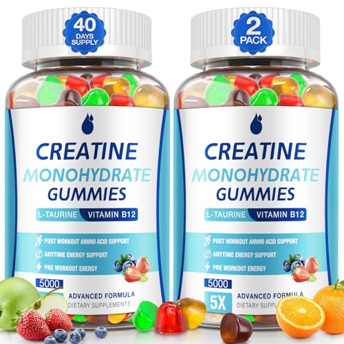 Creatine Gummies for Men & Women - Creatine Monohydrate Gummies 5g, Muscle Builder, Energy Boost & Pre-Workout Supplement, Low Sugar Taurine Chewable Gummy 2 Pack
