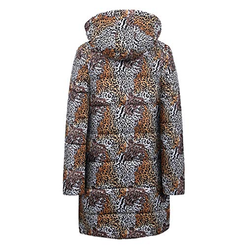 Mlide Womens Leopard Print Padded Coat,Fur Collar,Winter Long Down Cotton Parka Hooded Jacket Outwear(Khaki,XX-Large)