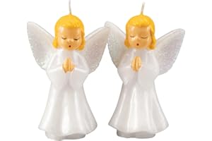 BW BRANDS Vintage Praying Cherub Angel Candle Set – 5.25” Unscented Christmas Décor – Mid-Century Gurley-Inspired Holiday Candles – Glittered White Robes, Golden Hair – Set of 2 Collectible Angels