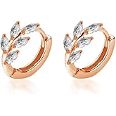 CZ Leaf Cartilage Huggie Small Hoop Earrings for Women Girls 925 Sterling Silver Cubic Zirconia Cluster Leaves Round Studs Tragus Pierced Ear Endless Hoops 8mm