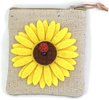 Coin Purse Fabric Small Handmade Brown Color with Sunflower