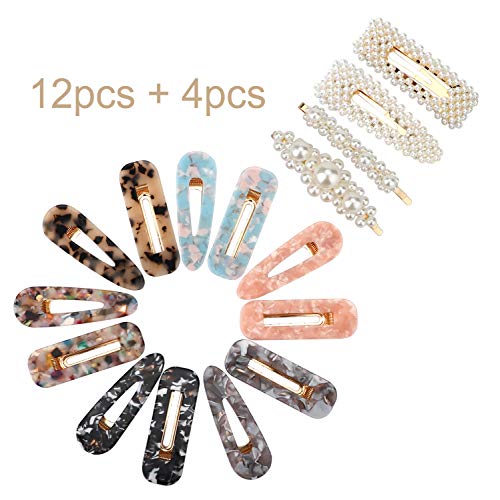 Hair Clips 16 PCS, OYRGCIK 4 PCS Pearls Hair Clips & 12 PCS Acrylic Resin Hair Barrettes Fashion Geometric Alligator Hair Pins for Women Ladies Girls Hair Bows Headwear Styling Hair Tools Accessories