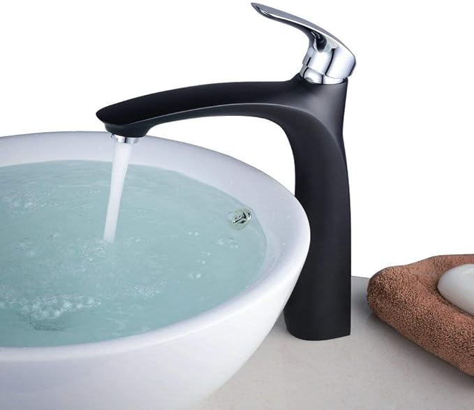 Grifo Lavabo Caño Alto ,Grifos Baño de Latón,Negra+Cromo,Beelee