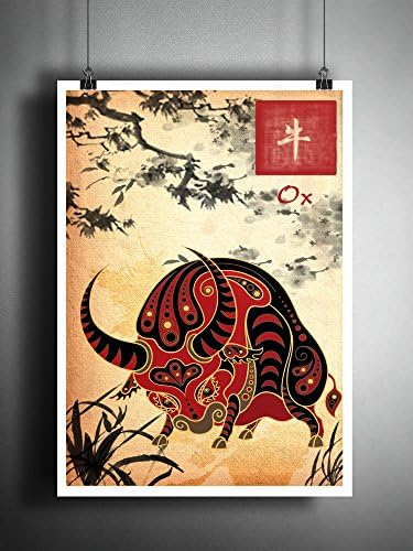 Chinese zodiak Ox art print, Sumi E ink asian decor, bull artwork
