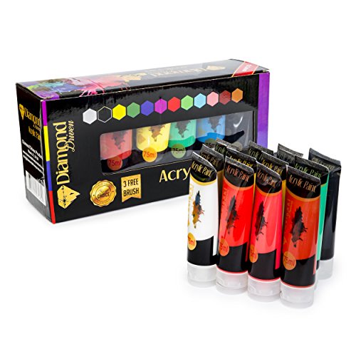 Acrylic Paint Set - 12 Extra Large 75ml Tubes, Ultimate Set for paint night, Wood, Clay, Ceramic, Terra Cotta - Free 3 Brushes, Great For Beginners, Students & Professional Artist By Diamond Driven