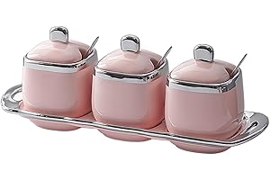 Fvstar Ceramic Sugar Bowls Set Salt Containers Condiment Jar Porcelain Spice Pots Pepper Boxes with Lids and Spoon,Kitchen Seasoning Canister for Pepper,Sugar,Salt (Pink)