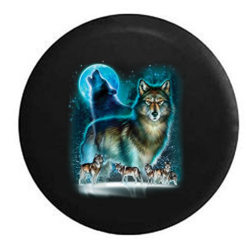 Wild Wolf Howling at Moon with Pack Spare Tire Cover Black 32 in