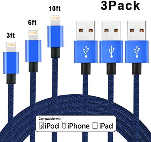 WANDESHA 3Pack 3+6+10FT Extra Long Cloth weaving Nylon Braided Cord Lightning Cable USB Charging Charger for apple iPhone 7/7 Plus/6/6 Plus/6S/6S Plus,SE/5S/5,iPad Air/Pro/Mini Cable Charger (Blue)