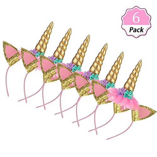 6 Pack Kids Unicorn Horn Headband Ears Photo Props Birthday Outfit Cosplay Costume Party Supplies Girl Boy Gift (6 Gold)