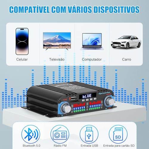 Mini Amplificador de Potência Bluetooth 5.0, Amplificador de Áudio estéreo, HiFi Amplificador Digital de Áudio, Sistema de Amplificador de Potência, Placa Amplificadora de Potência Estéreo
