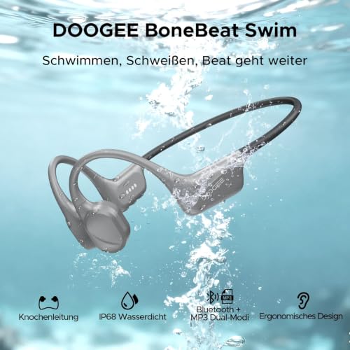 DOOGEEEco Bone Conduction Headphones, IP68 Waterproof for Swimming 10H Battery, Bluetooth 5.4, 32GB Storage, Ideal for Cycling (Gray)