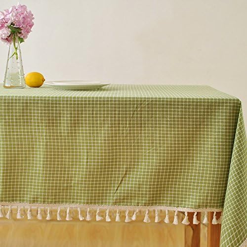 Luxiu Home Pastoralism Style Little Simple Green Grid Table Cloth with macrame Cotton Linen Tablecloth Country Style table cover with tassels Rectangle Oblong Senior Picnic Cloth 55x55 inch