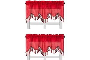 GENERIC Solid Faux Silk Swag Waterfall Cascade Ascot Window Curtain Valance w/Tassels Trim 55" x18" Wave (2, RED)