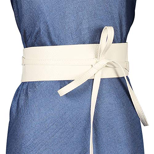 ICSTH Womens Soft Faux Leather Self Tie Wrap Around Obi Waist Band Cinch Belt (white)