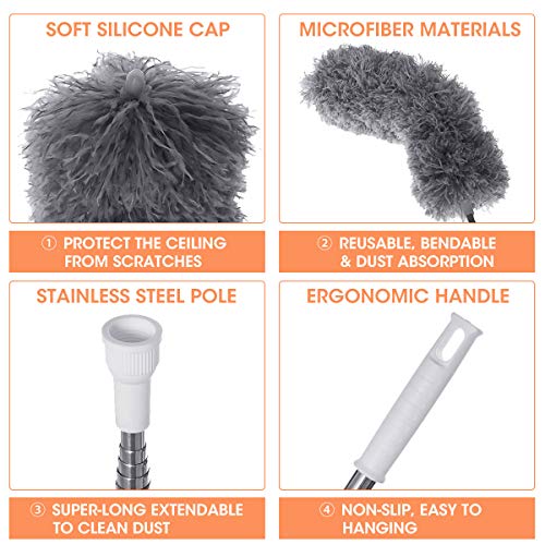 Microfiber Dusters for Cleaning with Telescoping Extension Pole (30-100 inches) Scratch-Resistant Cover, Bendable, Washable, Detachable, Lint Free Dusters for Cleaning Ceiling Fan, Blinds, Cobwebs - Thumbnail 2