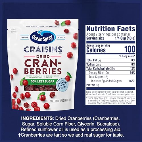 OCEAN SPRAY® CRAISINS®, 50% LESS SUGAR DRIED CRANBERRIES, DRIED FRUIT, 10 OZ POUCH