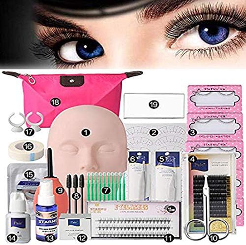 19pcs Eyelash Extension Kits,Professional Mannequin Head Training Eyelashes Extensions Practice Cosmetology Esthetician Supplies with Eye Lashes Glue Tweezers Tools sets (19pcs xinxin)