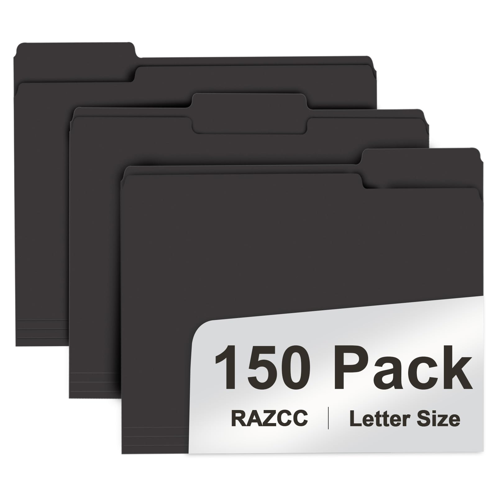 Photo 1 of File Folder, RAZCC 150 Pack 1/3 Cut Tab File Folders Letter Size, Black Folders for Dcouments, Folders with Tab Great for Organizing and Easy File Storage