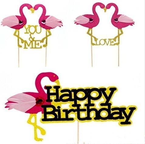 URChic 12Pcs Rose Flamingo You&ME Love Insert Card with Toothpick Cake Decoration Wedding Birthday Party Cute Gifts Happy Birthday Glitter Paper Cake Topper