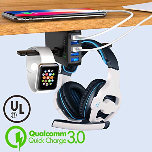 Headphone Stand with USB Charger – Under Desk Headset Hook Holder Hanger Mount w/ 5 USB Port Quick Charge 3.0 Charging Station (8A/40W)and Cable Organizer for PC Gaming Headsets Accessories, UL Listed