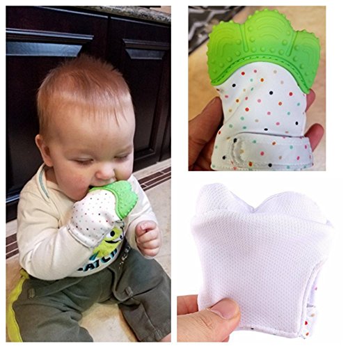 Teething Mitten, Petforu 2pcs Baby Self-soothing Teether Crawling Protective Gloves for Toddlers FDA Approved (Green)