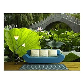 Lotus Pond with an Oriental Bridge - Removable Wall Mural | Self-Adhesive Large Wallpaper - 66x96 inches