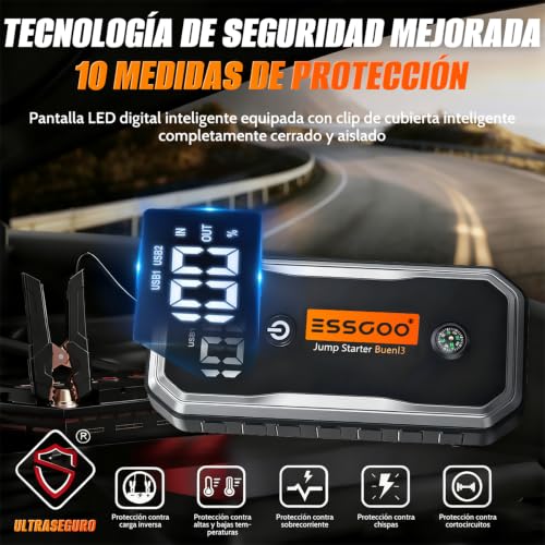 Essgoo Arrancador de Bateria de Auto Portatil con Linterna de Emergencia | Pantalla LED Y Todos Los Accesorios, Jump Starter Coche De 12V (10,0L Gasolina/8,0L Diésel)