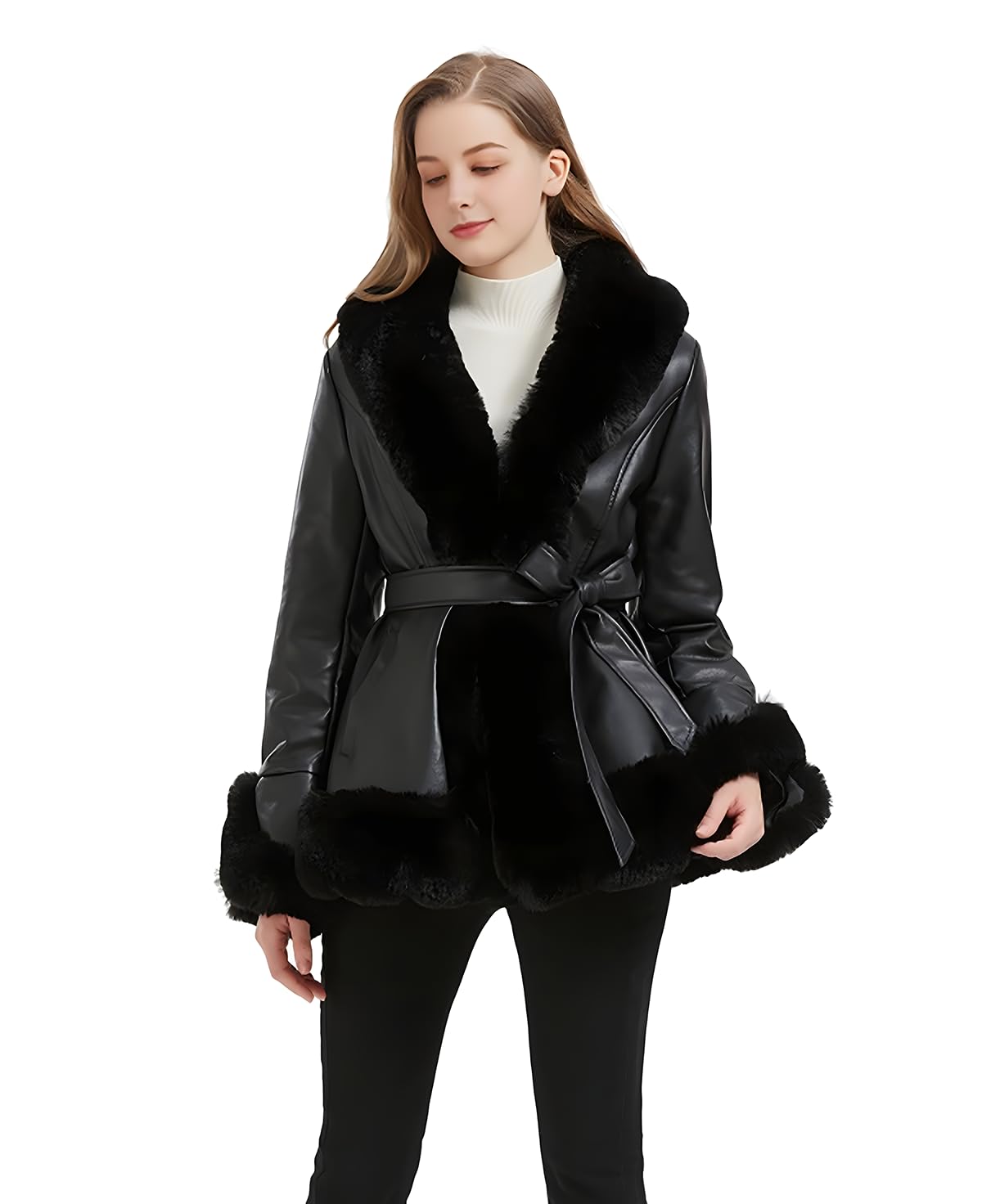 Furry Trim Peplum Parka Jacket with Belt