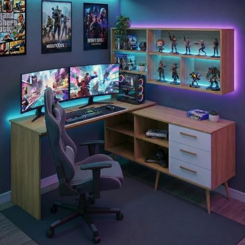 Mesa Gamer em L para Computador com 3 Gavetas Nexus Multimóveis Mp6048 Madeirado/branco